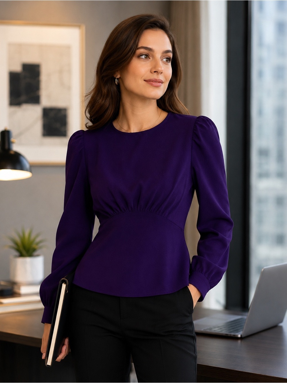 Express Women's Long Puff Sleeve Peplum Office Wear Chic Blouse – Purple‎ Size M